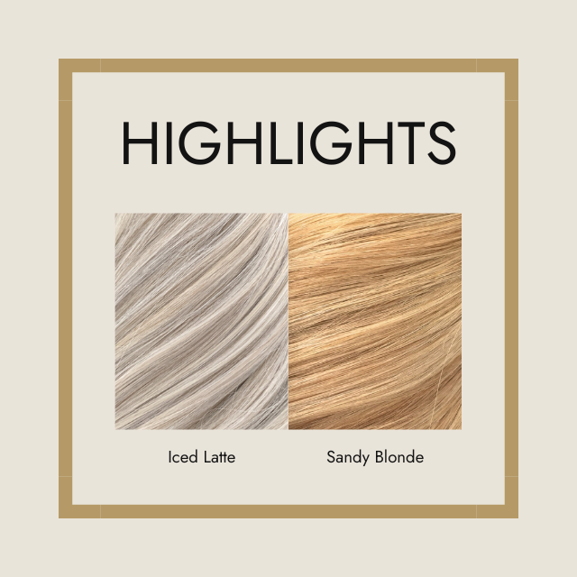 Poster saying 'highlights', showing hair extension colour Iced Latte, and hair extension colour Sandy Blonde