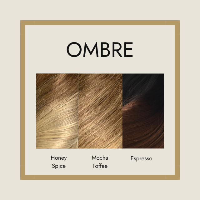 'Ombre' Foxy Locks hair extension colours - Honey Spice, Macha Toffee, and Espresso