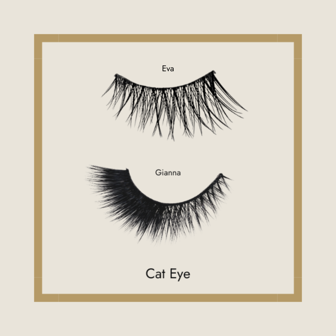 Poster that says 'Cat Eye' showing two types of Foxy Locks Cat Eye False Lashes, Eva and Gianna