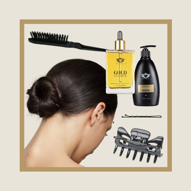 Collage including back of woman's head with hair in a neat bun, and hair care products like hair brush, hair clip, Foxy Locks branded hair oil, and more