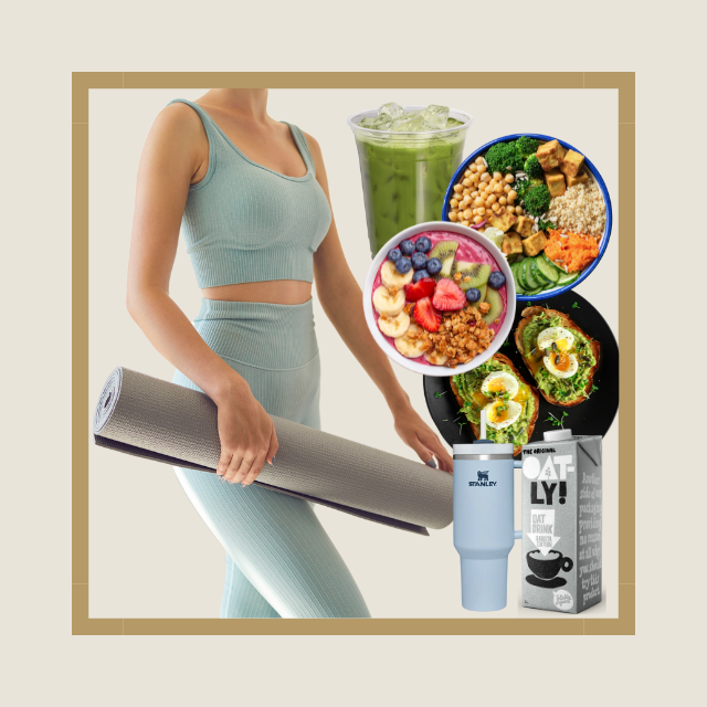 Collage including woman in athletic wear holding a yoga mat, and images of healthy food options such as salads, smoothies, and more