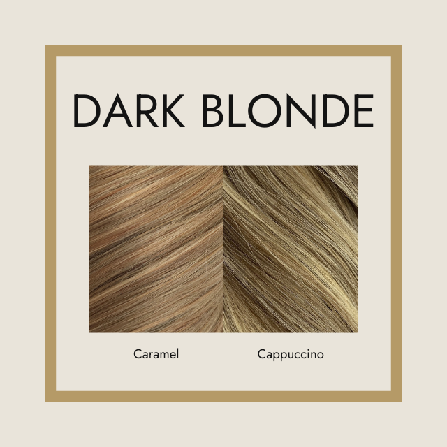 Poster saying 'dark blonde', showing Foxy Locks hair extension colours Caramel and Cappuccino