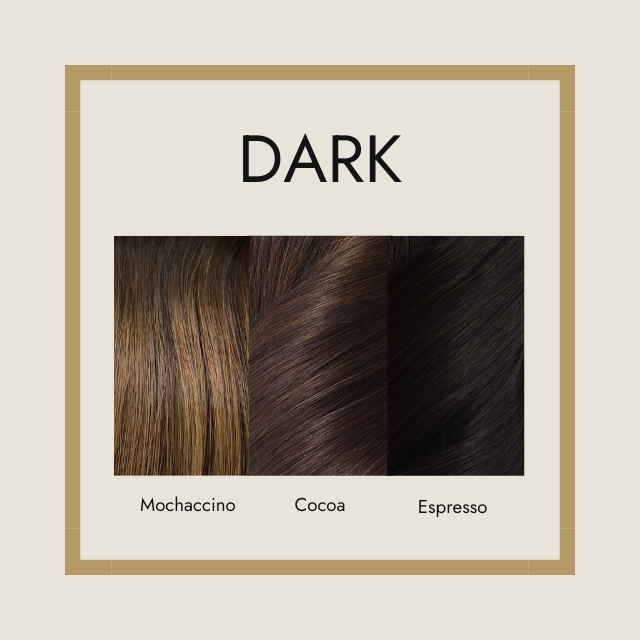 'Dark' Foxy Locks hair extension colours - Mochaccino, Cocoa, and Espresso
