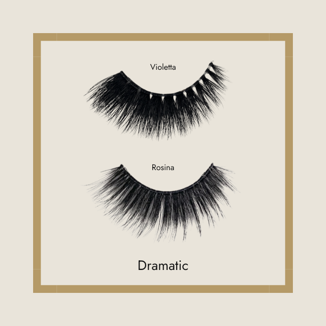 Poster that says 'Dramatic' showing two types of Foxy Locks Dramatic False Lashes, Violetta and Rosina