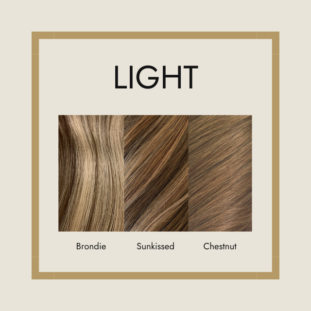 Poster saying 'light ', showing Foxy Locks hair extension colours - Brondie, Sunkissed, and Chestnut 