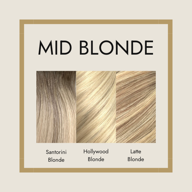 Poster saying 'mid blonde', showing Foxy Locks hair extension colours - Santorini Blonde, Hollywood Blonde, and Latte Blonde