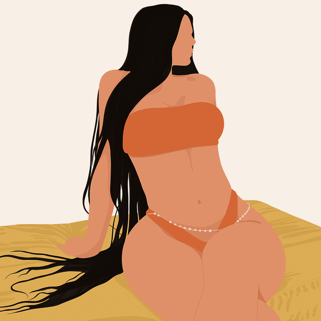 Sketch of Kylie Jenner with long dark hair extensions