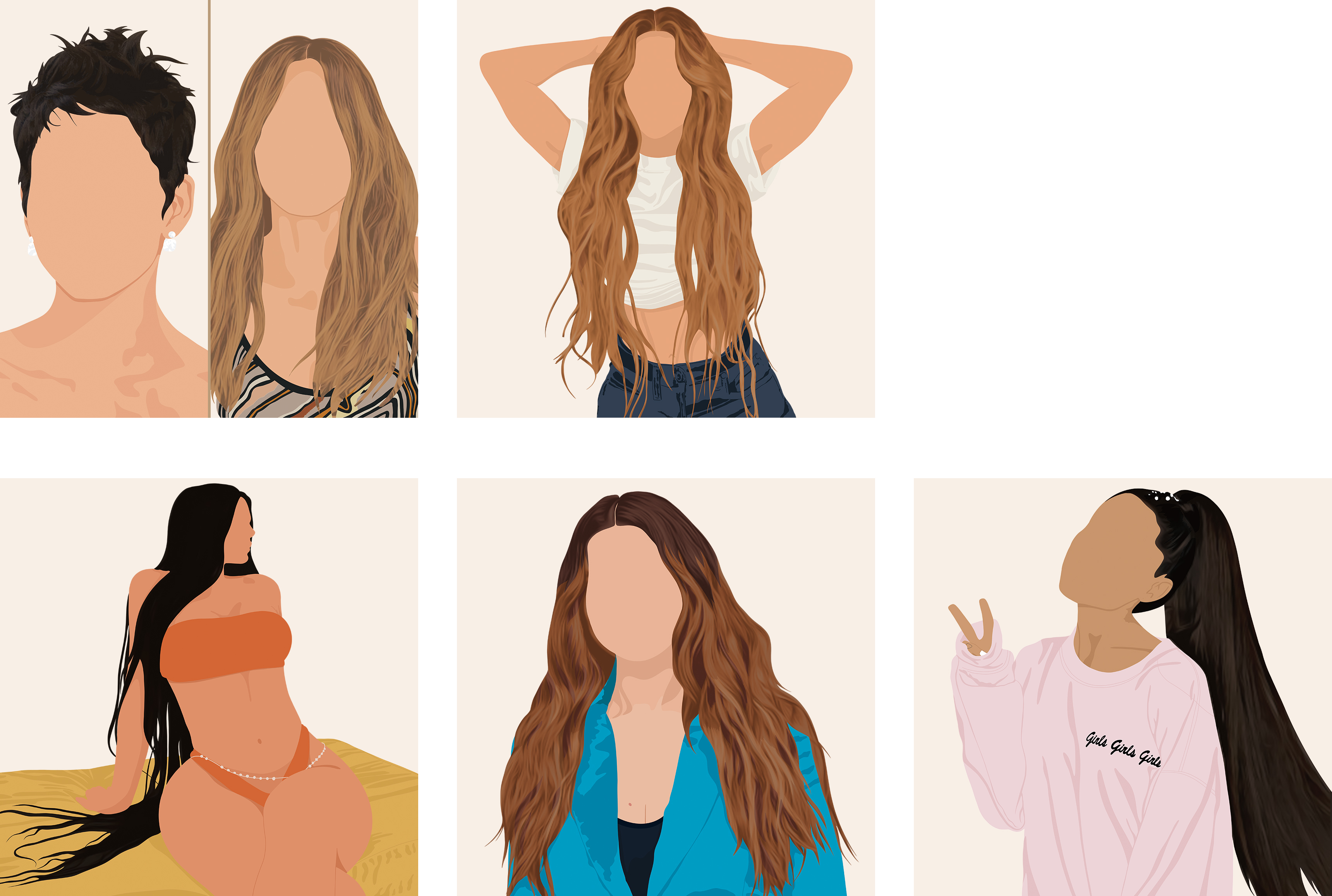 Collage of sketches of celebrities who wear hair extensions